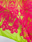 Big Damask Sequins Fabric - Hot Pink on Lime Green - 4 Way Stretch Damask Sequins Design Fabric By Yard