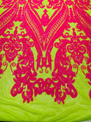 Big Damask Sequins Fabric - Hot Pink on Lime Green - 4 Way Stretch Damask Sequins Design Fabric By Yard