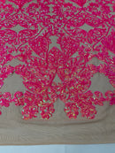 Damask Heart Design - Hot Pink on Nude - Damask with Heart Design Sequins on Mesh By Yard