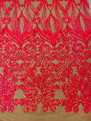 Damask Heart Design - Hot Pink on Nude - Damask with Heart Design Sequins on Mesh By Yard