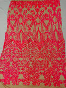 Damask Heart Design - Hot Pink on Nude - Damask with Heart Design Sequins on Mesh By Yard