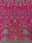 Damask Heart Design - Hot Pink on Nude - Damask with Heart Design Sequins on Mesh By Yard