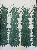 3D Beaded Peacock Feathers - Vegas Design Embroidered Sequins and Beads On a Mesh Lace Fabric - 15 Yard Roll