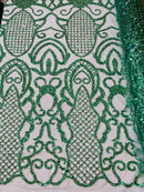 Beaded Fashion Design Fabric - Hunter Green - Beaded Embroidered Damask Style Fabric on Mesh By Yard