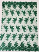Floral Plant Lace Fabric - Hunter Green - Flower Plant Design Lace Sequins Fabric Sold By Yard