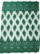 Beaded Flower Cluster Fabric - Hunter Green - Embroidered Beaded Fancy Border Floral Fabric Sold By Yard