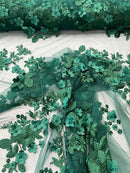 Floral 3D Rose Fabric - Hunter Green - Embroided Rose Flower Design Fabric Sold by Yard