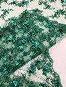 3D Lace Flower Fabric - Hunter Green - Embroidered Sequins and 3D Floral Patterns on Lace By Yard