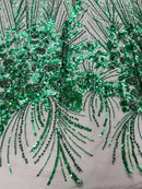 Beaded Floral Line Fabric - Hunter Green - Beaded Embroidered Lines and Flowers on Mesh By Yard