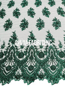 Round Flower Beaded Fabric - Hunter Green - Embroidered Fashion Design Beads and Sequins On Mesh by The Yard