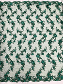 3D Lace Flower Fabric - Hunter Green - Embroidered Sequins and 3D Floral Patterns on Lace By Yard