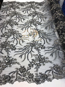 Beaded - Black - Fancy Flower Design Sequins Fabric with Beads Sold By The Yard