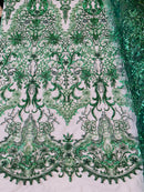 Beaded Fabric by yard - Hunter Green - Damask Pattern With Beads and Sequin, Appliqué Lace for Bridal and Prom Dress