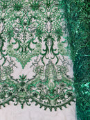 Beaded Fabric by yard - Hunter Green - Damask Pattern With Beads and Sequin, Appliqué Lace for Bridal and Prom Dress