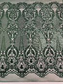 Hunter Green Sequins Fabric on Mesh, DAMASK Design Embroidered on a 4 way Stretch By The Yard