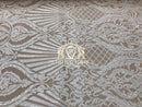 Sequins - White on Dark Nude Mesh - 4 Way Stretch Fancy Fabric Embroidered On Mesh Sold By The Yard