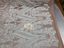 Big Damask Sequins Fabric - White on Nude - 4 Way Stretch Damask Sequins Design Fabric By Yard