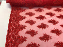 Floral Red Embroidered Lace Fabric with Sequins - Fancy Embroidery Design Fabrics By The Yard