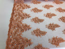 Floral Peach Embroidered Lace Fabric with Sequins - Fancy Embroidery Design Fabrics by The Yard