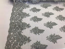 Floral Silver Embroidered Lace Fabric with Sequins - Fancy Embroidery Design Fabrics The The Yard