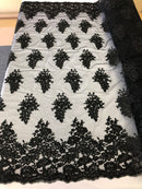 Floral Black Embroidered Lace Fabric with Sequins - Fancy Embroidery Design Fabric by The Yard