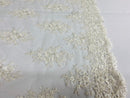 Floral Cluster Beads - Off White - Embroidered Beaded Flower Design Fabric on Mesh