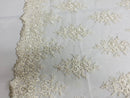 Floral Cluster Beads - Off White - Embroidered Beaded Flower Design Fabric on Mesh