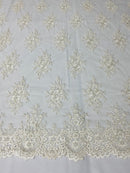 Floral Cluster Beads - Off White - Embroidered Beaded Flower Design Fabric on Mesh