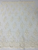 Floral Cluster Beads - Off White - Embroidered Beaded Flower Design Fabric on Mesh