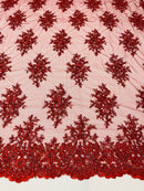 Floral Cluster Beads - Burgundy - Embroidered Beaded Flower Design Fabric on Mesh