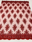 Floral Cluster Beads - Burgundy - Embroidered Beaded Flower Design Fabric on Mesh