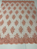Floral Cluster Beads - Peach - Embroidered Beaded Flower Design Fabric on Mesh