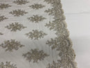 Floral Cluster Beads - Grey with Silver - Embroidered Beaded Flower Design Fabric on Mesh