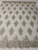 Floral Cluster Beads - Grey with Silver - Embroidered Beaded Flower Design Fabric on Mesh