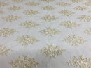 Floral Cluster Beads - Ivory Gold Metallic - Embroidered Beaded Flower Design Fabric on Mesh