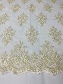 Floral Cluster Beads - Ivory Gold Metallic - Embroidered Beaded Flower Design Fabric on Mesh