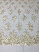 Floral Cluster Beads - Ivory Gold Metallic - Embroidered Beaded Flower Design Fabric on Mesh
