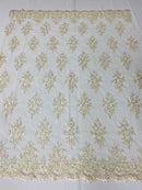 Floral Cluster Beads - Ivory Gold Metallic - Embroidered Beaded Flower Design Fabric on Mesh