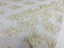 Floral Cluster Beads - Ivory Gold Metallic - Embroidered Beaded Flower Design Fabric on Mesh