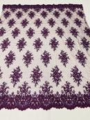 Floral Cluster Beads - Plum - Embroidered Beaded Flower Design Fabric on Mesh