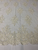 Floral Cluster Beads - Ivory - Embroidered Beaded Flower Design Fabric on Mesh