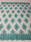 Floral Cluster Beads - Turquoise - Embroidered Beaded Flower Design Fabric on Mesh
