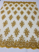 Floral Cluster Beads - Gold Metallic - Embroidered Beaded Flower Design Fabric on Mesh