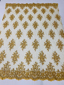 Floral Cluster Beads - Gold Metallic - Embroidered Beaded Flower Design Fabric on Mesh