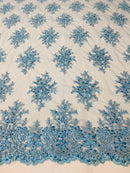 Floral Cluster Beads - Blue - Embroidered Beaded Flower Design Fabric on Mesh