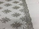 Floral Cluster Beads - Silver White Mesh - Embroidered Beaded Flower Design Fabric on Mesh