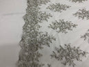 Floral Cluster Beads - Silver White Mesh - Embroidered Beaded Flower Design Fabric on Mesh