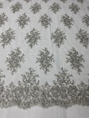 Floral Cluster Beads - Silver White Mesh - Embroidered Beaded Flower Design Fabric on Mesh