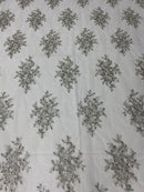 Floral Cluster Beads - Silver White Mesh - Embroidered Beaded Flower Design Fabric on Mesh