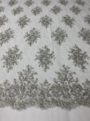 Floral Cluster Beads - Silver White Mesh - Embroidered Beaded Flower Design Fabric on Mesh